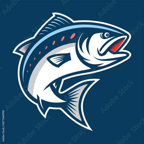 Vector art of a dynamic illustration of a leaping fish against a dark blue background, ideal for marinethemed designs, sports teams, or wildlife conservation projects