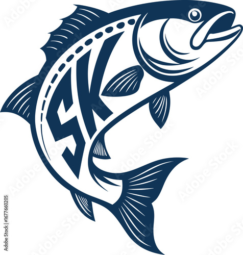 Illustration of a salmon with the letters sk written on its body, the fish is drawn in a vintage style with detailed scales and fins, creating a classic look