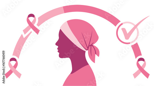 Pink breast cancer awareness ribbon arc with woman silhouette and check mark on white background