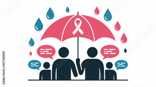 Illustration of people under an umbrella with a ribbon, surrounded by raindrops and speech bubbles