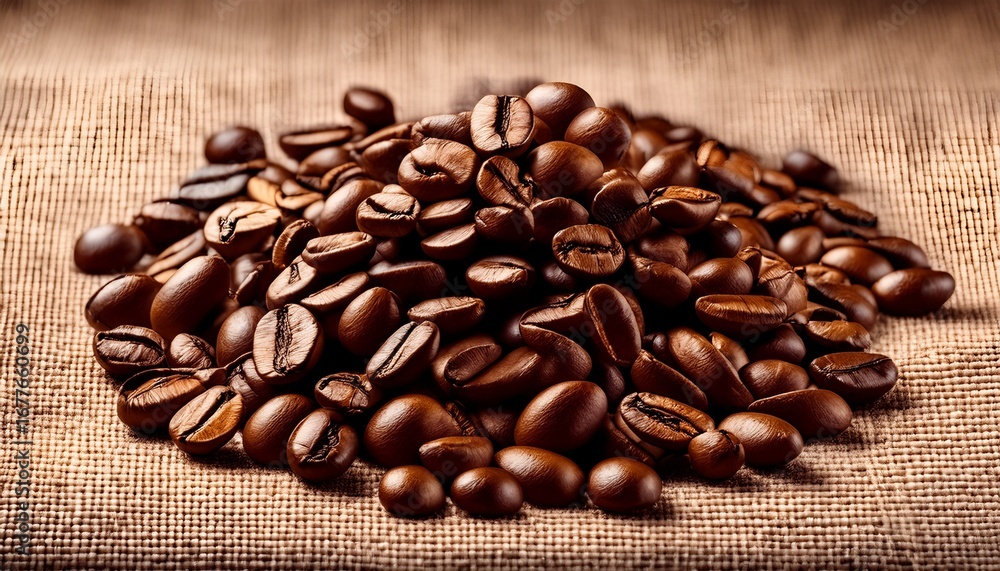 Fototapeta premium freshly roasted coffee beans piled on natural jute fabric background