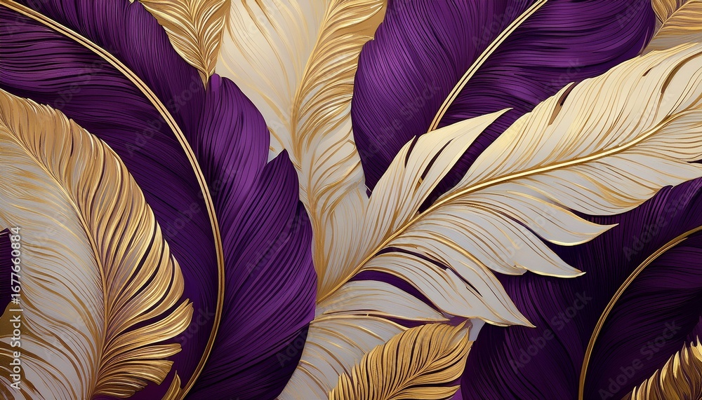 abstract tropical leaf pattern in purple gold and cream abstract tropical leaf pattern in purple gold and cream