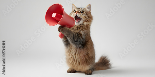 Cat with Megaphone: A fluffy, expressive cat stands tall, holding a bright red megaphone to its mouth, looking to be about to speak out. An artistic interpretation of a cute and whimsical concept.