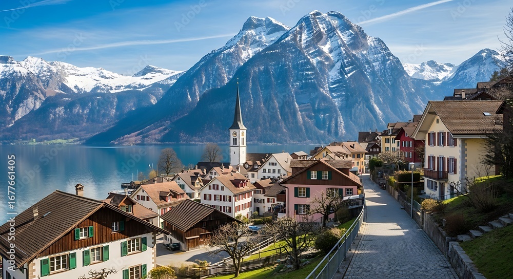 Fototapeta premium Charming Swiss Village in the Alps.