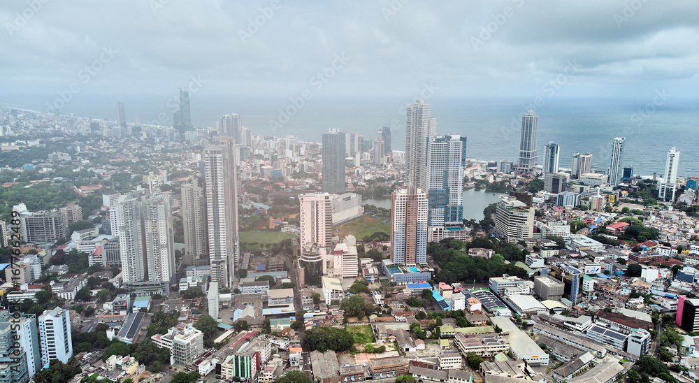 Fototapeta premium Aerial view of the main attraction, the Lotus Tower in the capital of Sri Lanka, Colombo. 