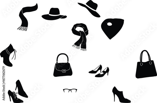 Fashion, accessories, silhouette, shoes, handbags, scarves, hats, shawl, eyeglasses, boots, heels, vector, black, illustration, style, clothing, women, minimal, design, wearable