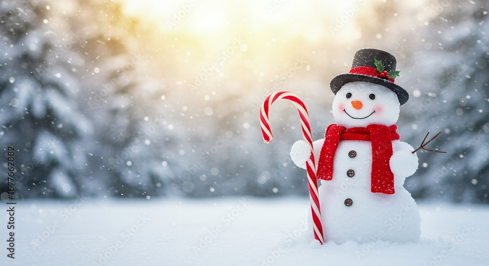 Fototapeta premium Cute snowman holding candy cane in snowy winter scene