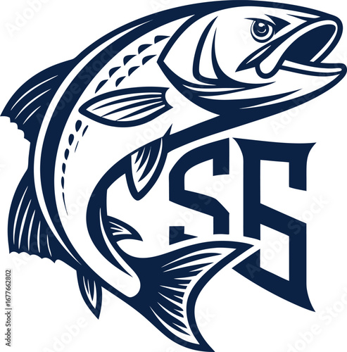 Vector art of elegant fish logo design featuring a stylized salmon with the letters ss incorporated, perfect for a fishing brand or seafood company with a modern and clean aesthetic