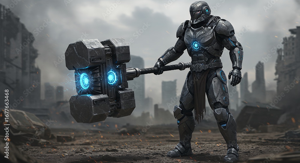 Naklejka premium Futuristic warrior with hammer in ruined cityscape