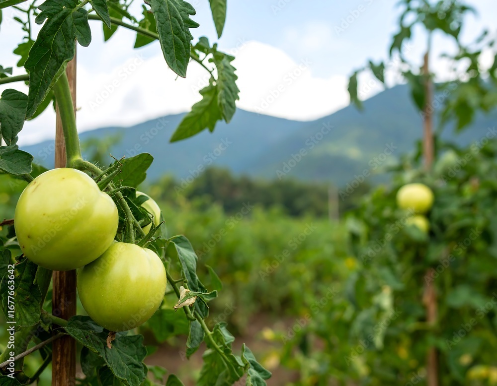 Fototapeta premium Green tomatoes on vine, mountains in background