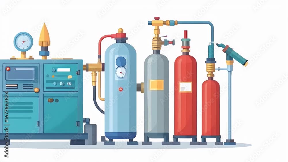 custom made wallpaper toronto digitalIndustrial gas equipment and a compressor unit, arranged in a flat, cartoon style illustration.
