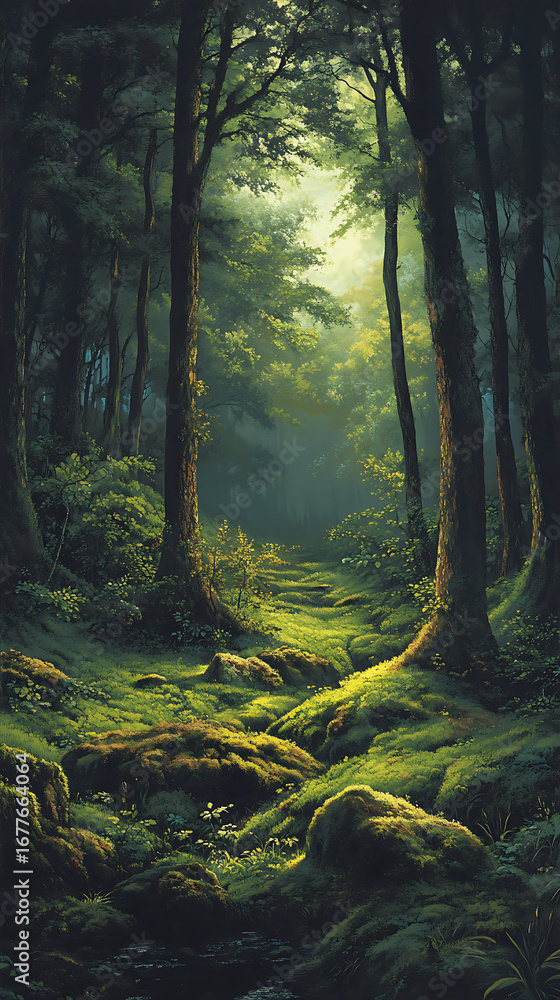 Obraz premium Lush green forest pathway with vibrant light and flowing water surrounded by trees high resolution picture.