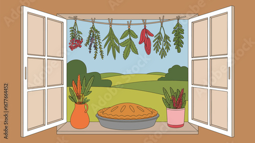 Open window with herbs drying, pie on the sill, and view of rolling hills and blue sky in the background