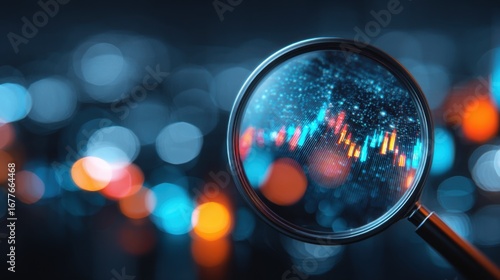 A magnifying glass highlights colorful digital financial data, showcasing charts and statistics against a blurred, illuminated background, creating a vibrant contrast.