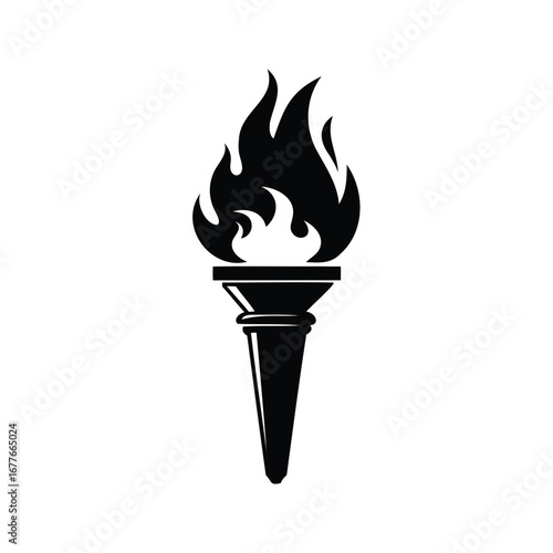 Black and white torch symbol with bright flame for competitive events, torch flame icon silhouette vector illustration