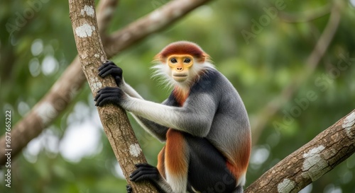 Portrait of a Red-shanked Douc Langur (Pygathrix nemaeus) in its Natural Habitat