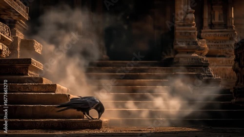 A solitary raven perched on ancient stone steps, shrouded in a mystical haze.