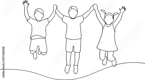 Children jumping together holding hands line drawing