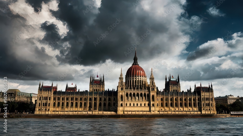 Fototapeta premium Hungarian parliament building in budapest under a dramatic and cloudy sky