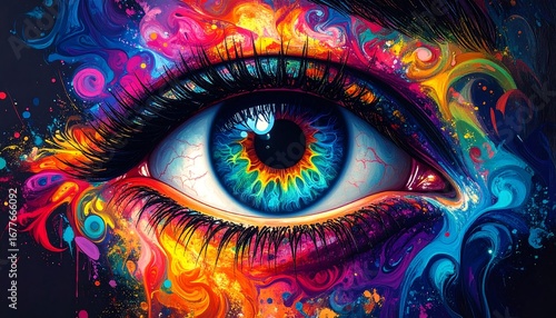 Vibrant colorful eye illustration. A close-up of a stylized eye with swirling, vibrant colors