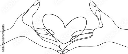 Continuous line drawing hands holding heart shape symbol