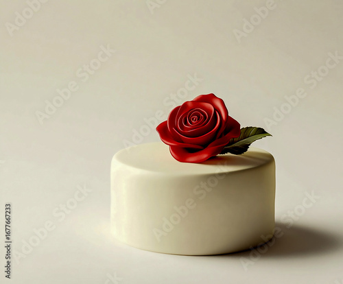 Minimalist white round cake topped with a single vibrant red rose. Elegant gourmet dessert for weddings, anniversaries, or romantic celebrations on a clean, light background.