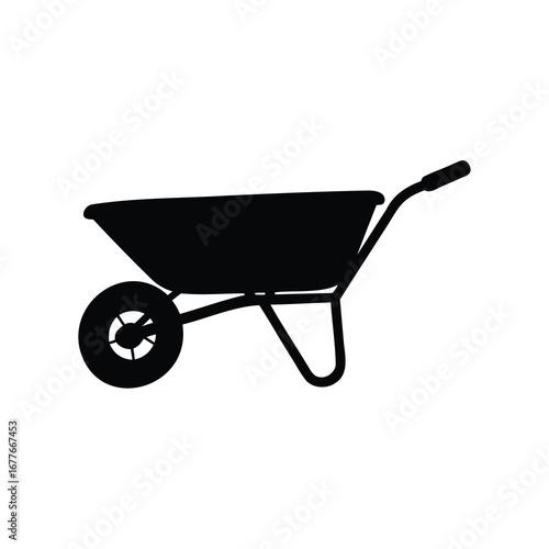Black silhouette of a wheelbarrow used for gardening and construction work, wheelbarrow silhouette vector illustration