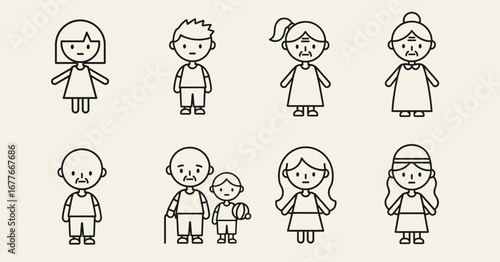 Family members line art icons different ages generations simple stick figures