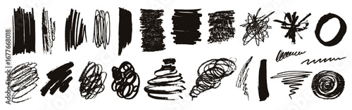  Ink, pencil pen, paint, crayon brush strokes. Grunge texture set. Different shapes, curly chaotic spiral strokes. Abstract doodle style. Hand drawn modern Vector illustration. Isolated design element