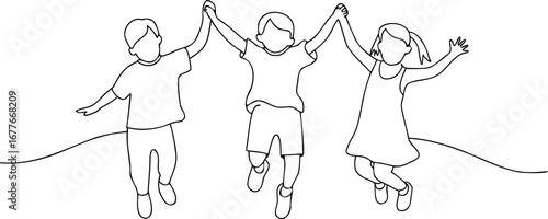 Illustration of children holding hands jumping together