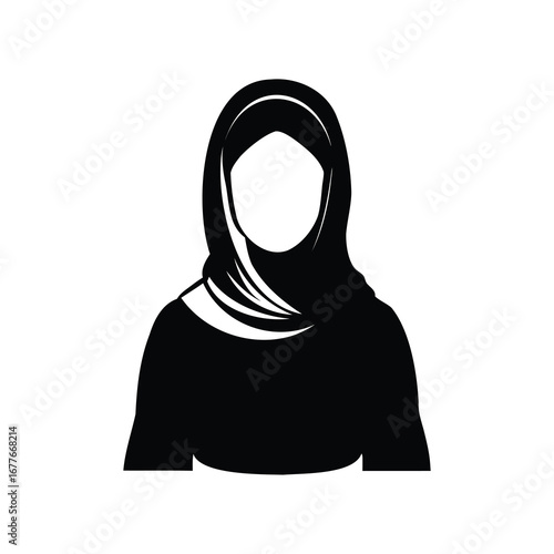 Stylized black silhouette of a woman wearing a hijab on white background, woman wearing hijab silhouette vector illustration