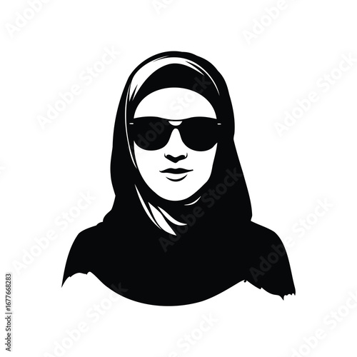 Stylish woman wearing hijab and sunglasses with bold black and white design, woman with hijab and sunglasses silhouette vector illustration