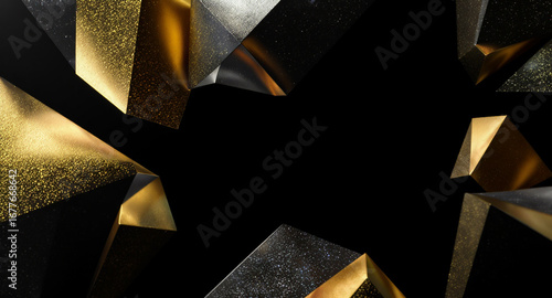 Golden and dark geometric fragments abstractly scattered on a black background, featuring luxurious metallic textures for a modern and elegant design