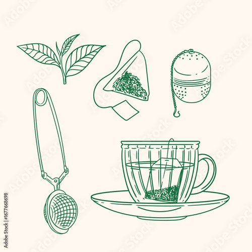 Set of original illustrations of a teacup, infuser, and tea-making utensils. Vintage ink line drawing for cards, menus, cafes, baristas, tea houses, or graphic design. In vector.