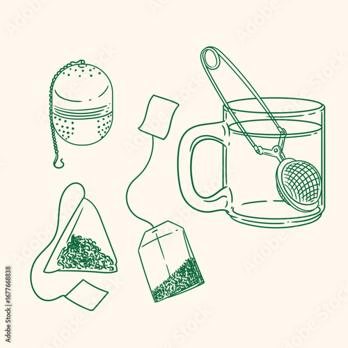 Set of original illustrations of a teacup, infuser, and tea-making utensils. Vintage ink line drawing for cards, menus, cafes, baristas, tea houses, or graphic design. In vector.