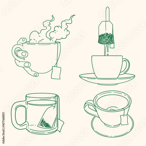 Set of original illustrations of a teacup. Vintage ink line drawing for cards, menus, cafes, baristas, tea houses, or graphic design. In vector.