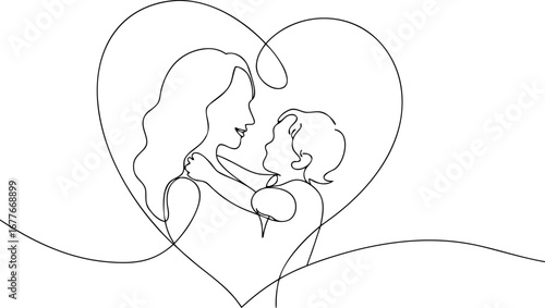 Mother and child in heart shape one line