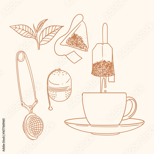 Set of original illustrations of a teacup. Vintage ink line drawing for cards, menus, cafes, baristas, tea houses, or graphic design. In vector.