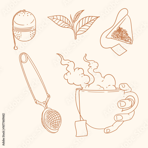 Set of original illustrations of a teacup. Vintage ink line drawing for cards, menus, cafes, baristas, tea houses, or graphic design. In vector.