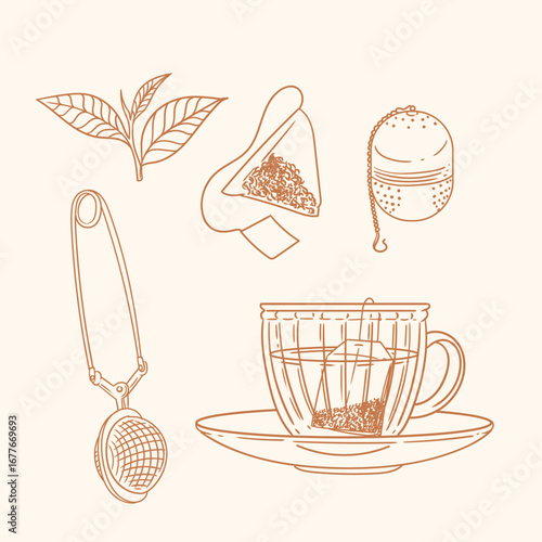 Set of original illustrations of a teacup. Vintage ink line drawing for cards, menus, cafes, baristas, tea houses, or graphic design. In vector.