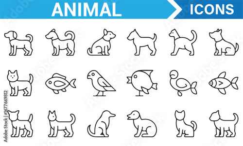 Outline animal icon set including fish, cat, dog, bird, and seal for zoology and pet projects