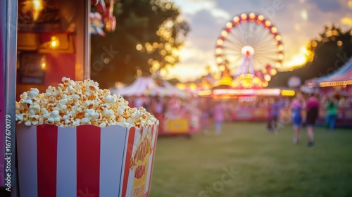 Colorful Popcorn Box at Carnival with Ferris Wheel in Background