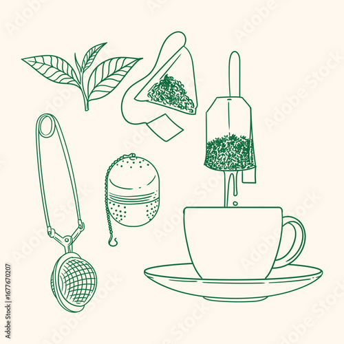 Set of original illustrations of a teacup, infuser, and tea-making utensils. Vintage ink line drawing for cards, menus, cafes, baristas, tea houses, or graphic design. In vector.