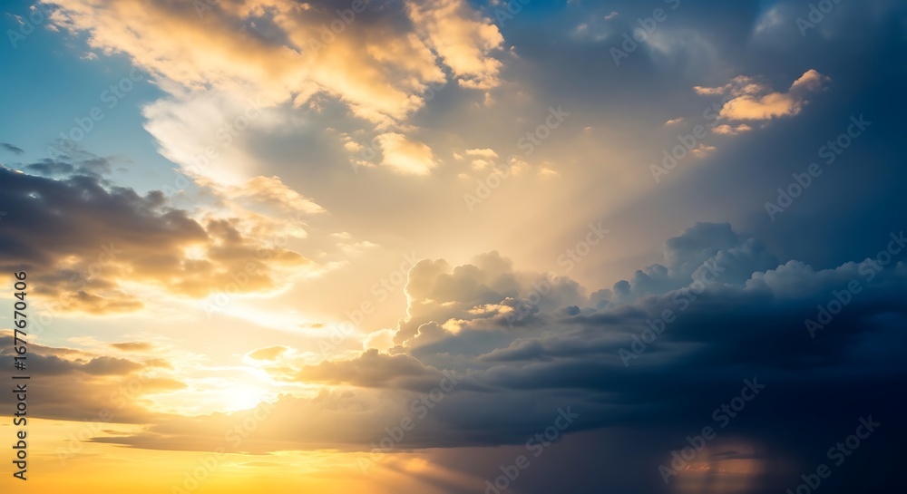 Obraz premium Dramatic Sunset Sky with Golden Rays Breaking Through Dark Clouds.