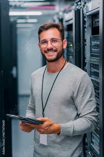 A young man with glasses stands confidently in a data center, holding a tablet. He is surrounded by rows of server racks, showcasing a modern technology environment