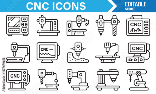 Editable stroke CNC line icons including robotic arms, lathe, and precision factory machines