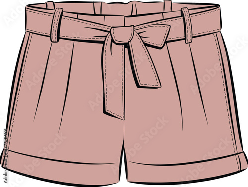 Stylish high waist paper bag shorts cad drawing, flat vector illustration with bow belt and pleated front fashion design