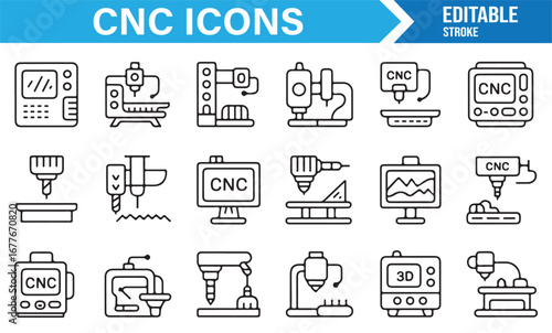 Modern CNC and automation outline icons for factory, production, and engineering use