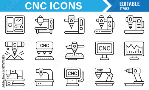 Thin line CNC icon set including milling, drilling, programming, and industrial tools