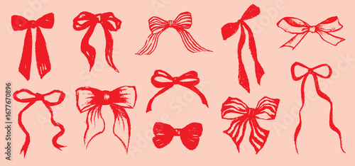 Happy New Year, Merry Christmas card with a trendy beautiful Christmas design, festive ribbon bows of different shapes. Minimal art decoration elements for season cover, print, poster, banner